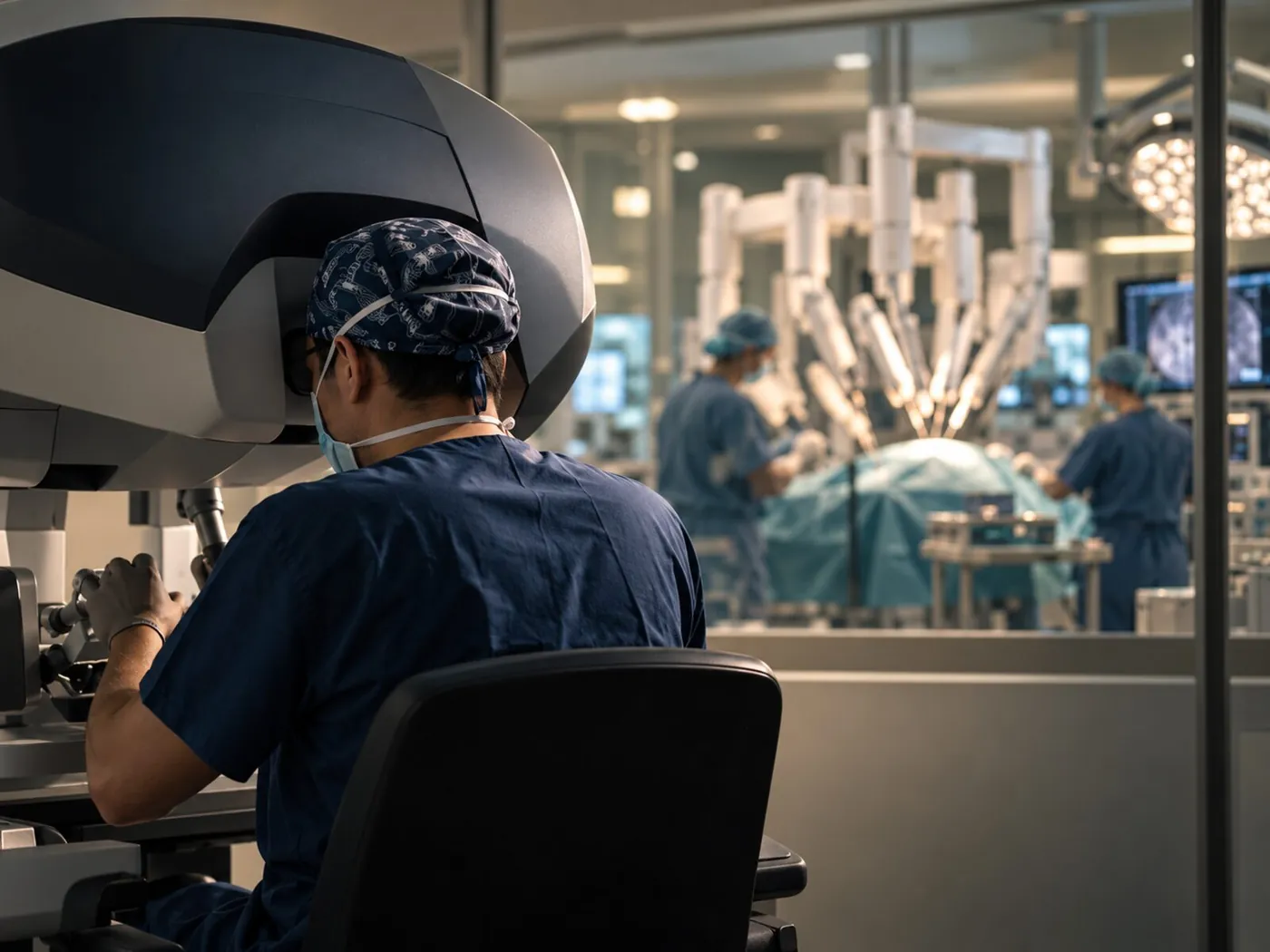 A surgeon at a robotic console, the system working beyond the glass