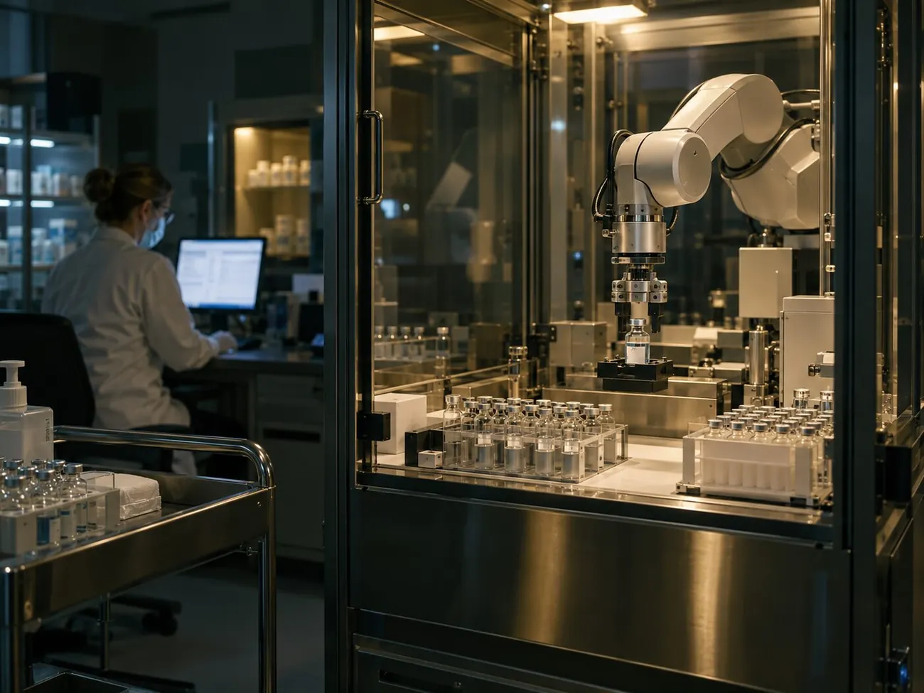 A robotic arm compounding medication inside a sealed cabinet