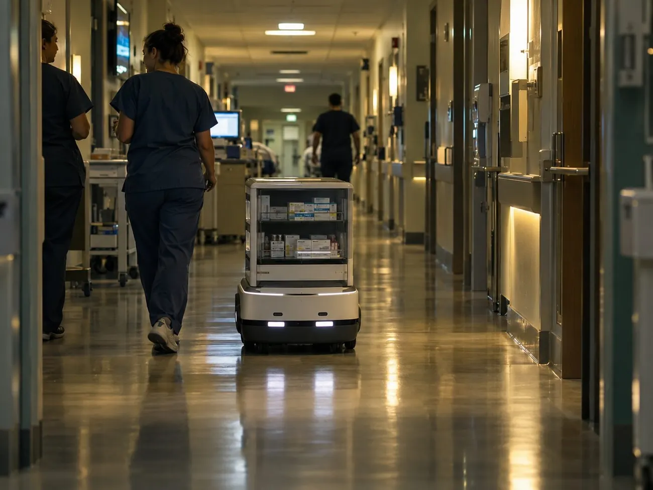 A medication delivery robot passing nurses in a hospital corridor