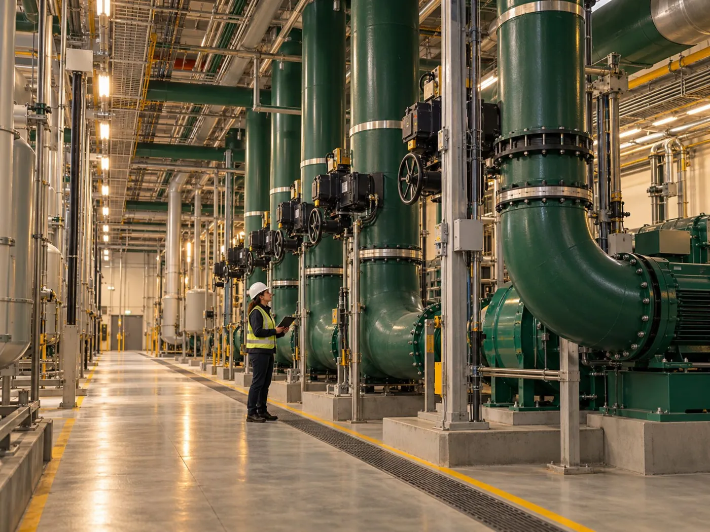 Actuated valves on large green pipework in a plant room