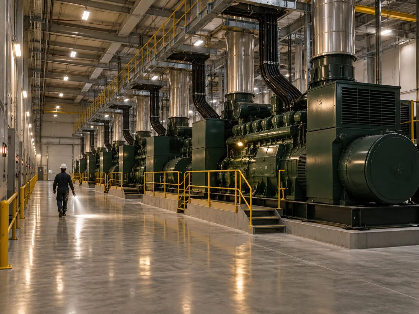 Standby generators in a facility hall