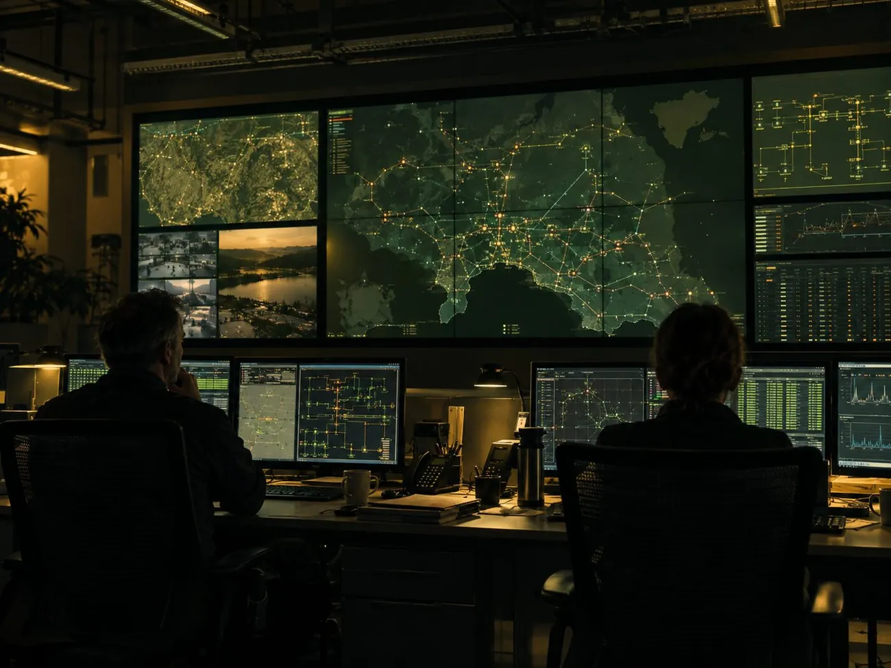 A dim network control room with a wall of glowing maps
