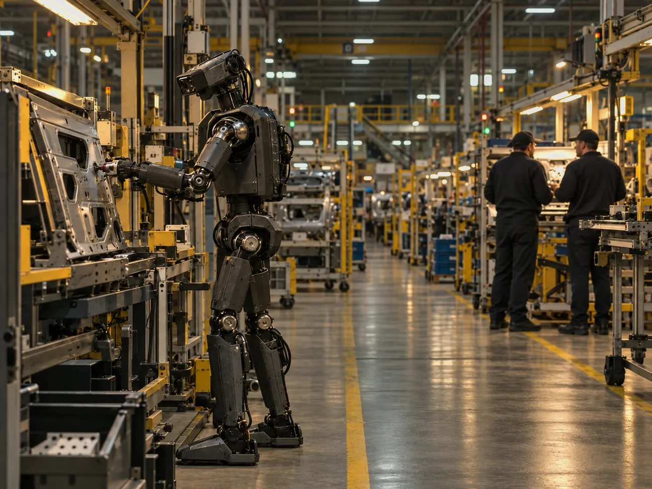 An industrial humanoid at a factory assembly line