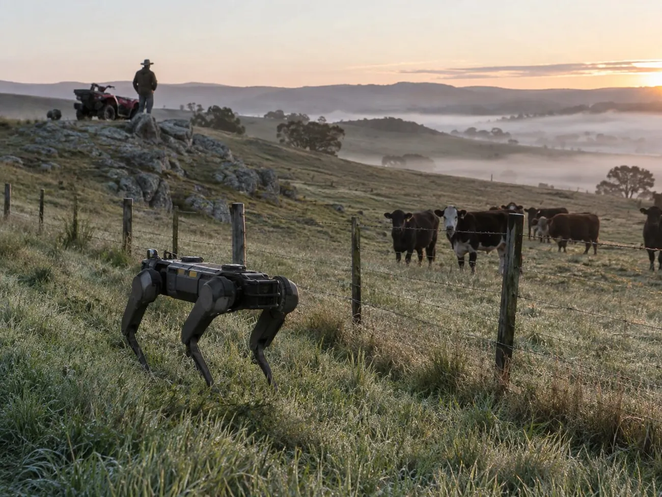 A four-legged robot on a fence line at dawn, cattle watching, stockman on the rise