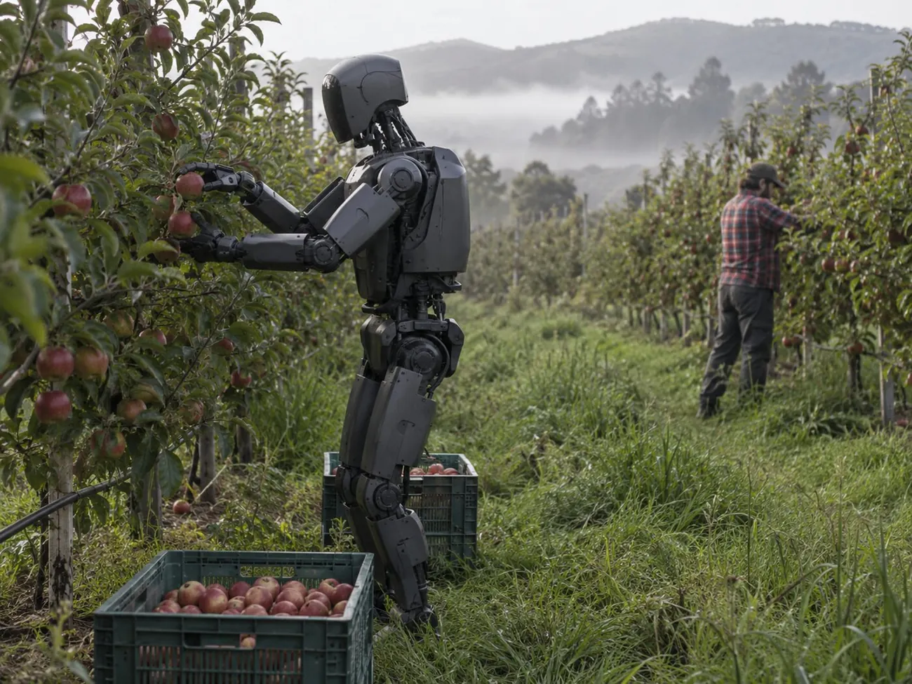 An industrial humanoid picking fruit while a worker prunes the next row