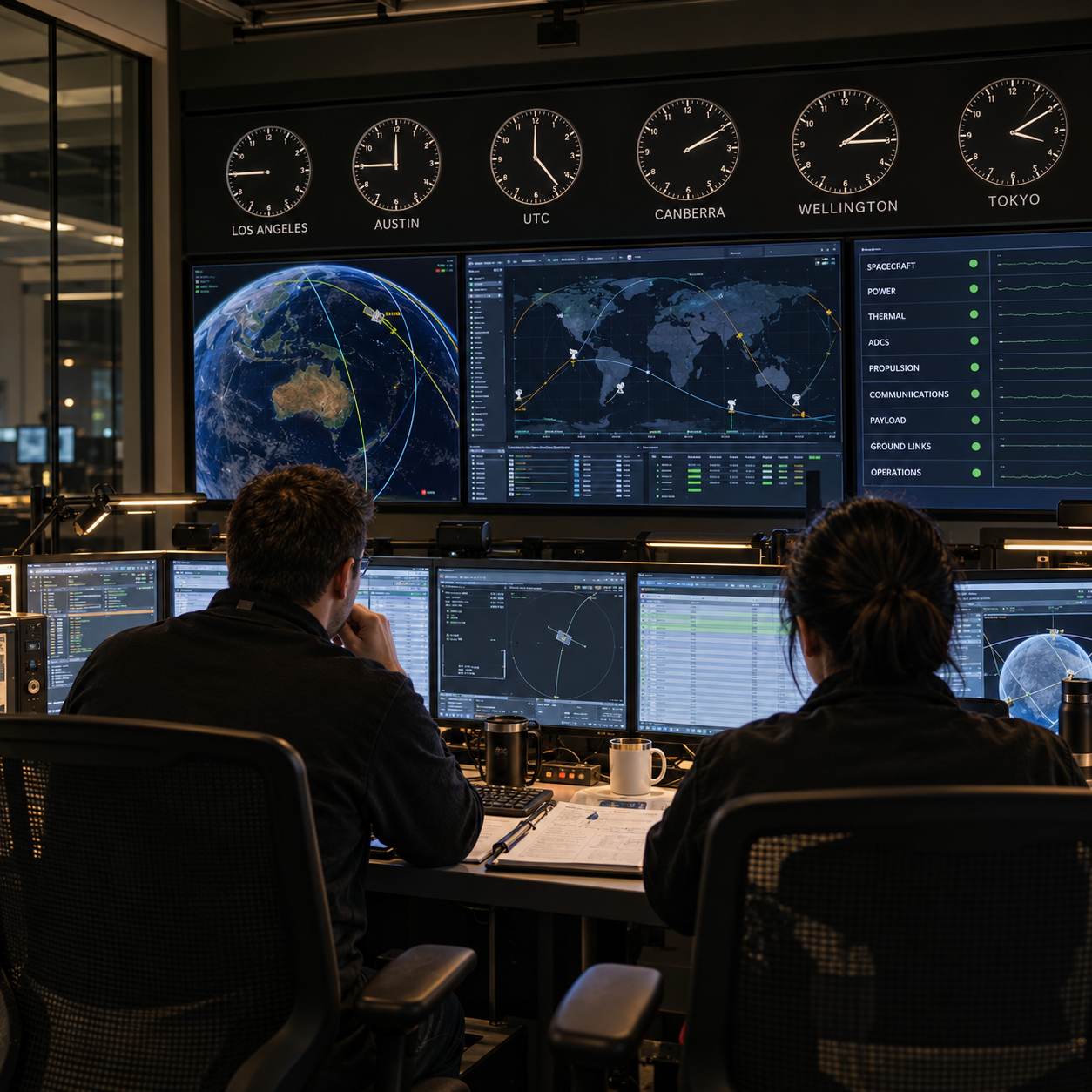 Two mission operators at a console before a manoeuvre authorisation