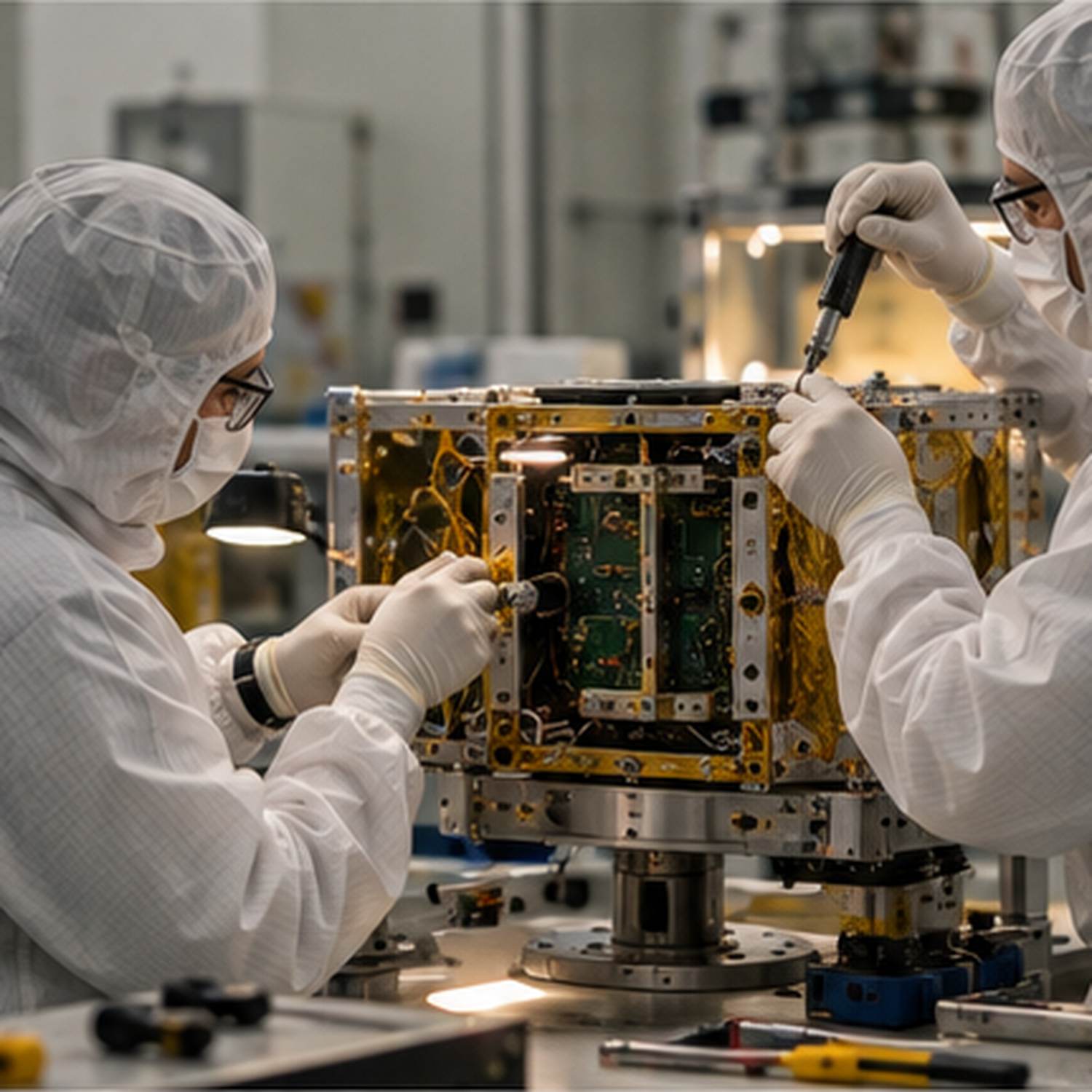 Technicians integrating a small satellite bus in a cleanroom