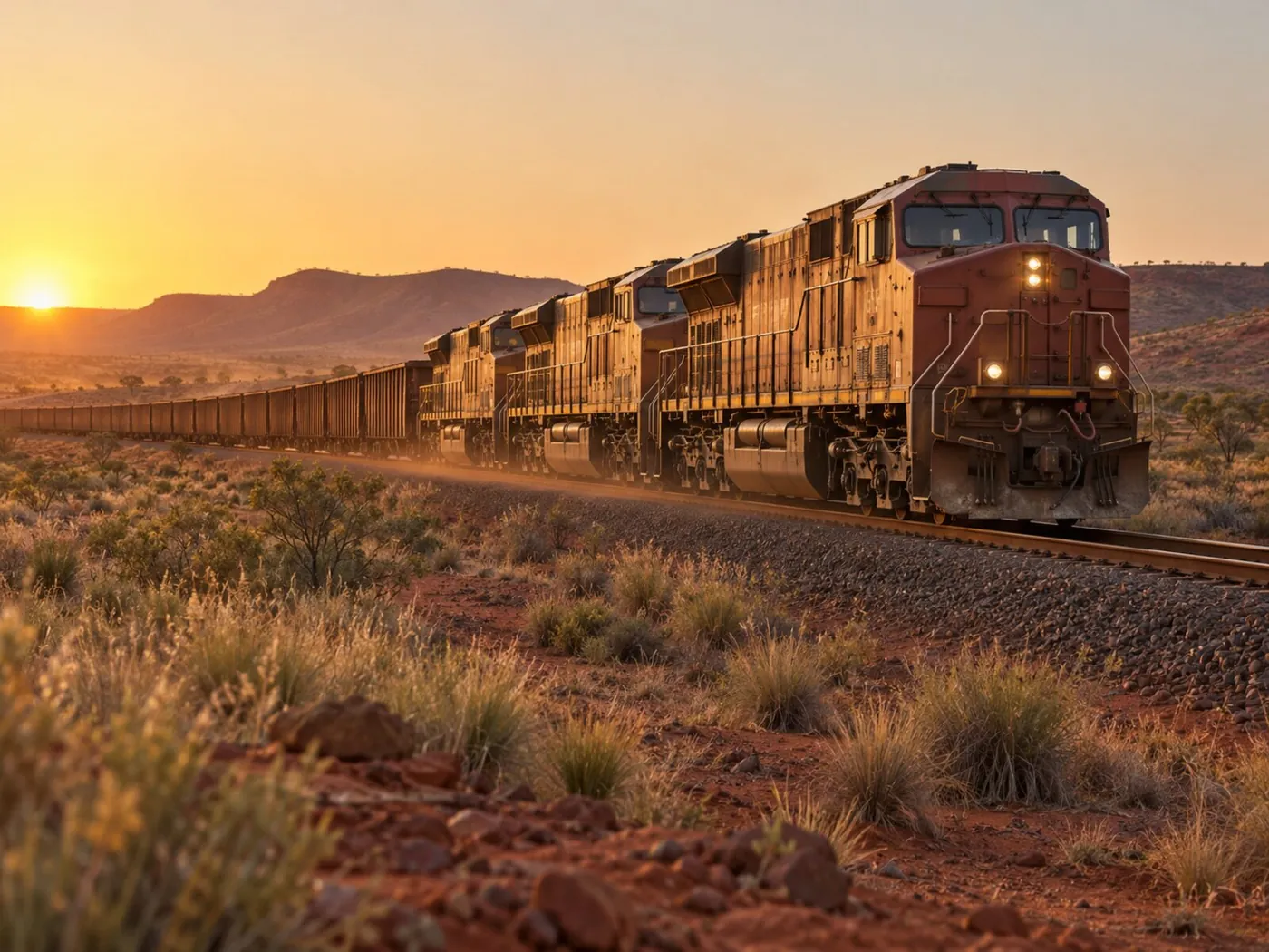 Driverless heavy-haul ore train crossing Pilbara country