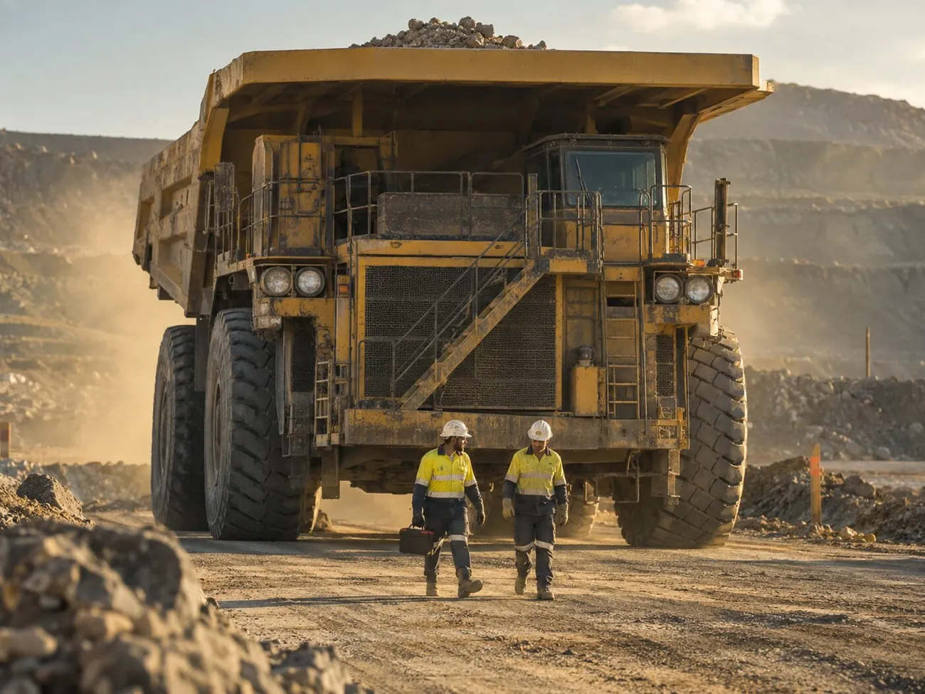 Workers crossing in front of a stopped autonomous haul truck