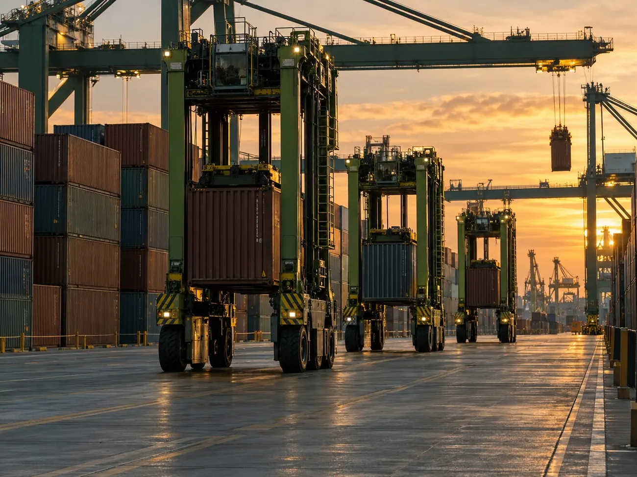 Autonomous straddle carriers at a container terminal at dusk